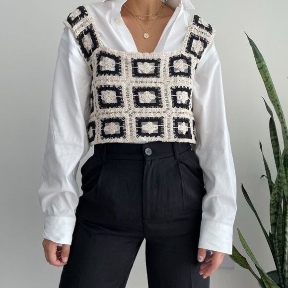 Crochet Knit Square Neck Cropped Sweater Vest in Neutral - Picture 4 of 8